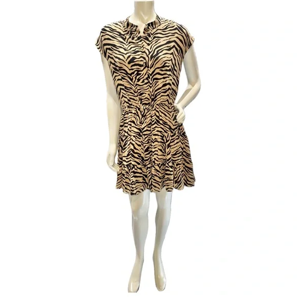 👗🐆 REBECCA MINKOFF Zebra Print Tiered Mini Dress | Tan & Black Animal Print | M - Picture 4 of 10